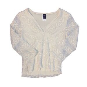 Y2K Wrapper Size XS Small White Cream Plunging V Neck 3/4 Sleeve Textured Blouse